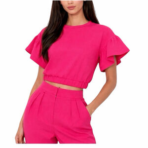 Alice + Olivia Joline Ruffle Sleeve Crop Sweatshirt Wild Pink Small Coquette